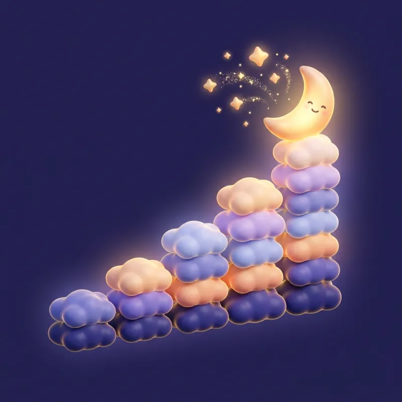 Stacked clay clouds forming a rising bar chart topped by a smiling moon